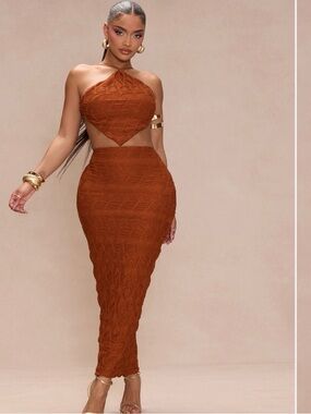 Rust Knit Two-Piece Halter Maxi Set